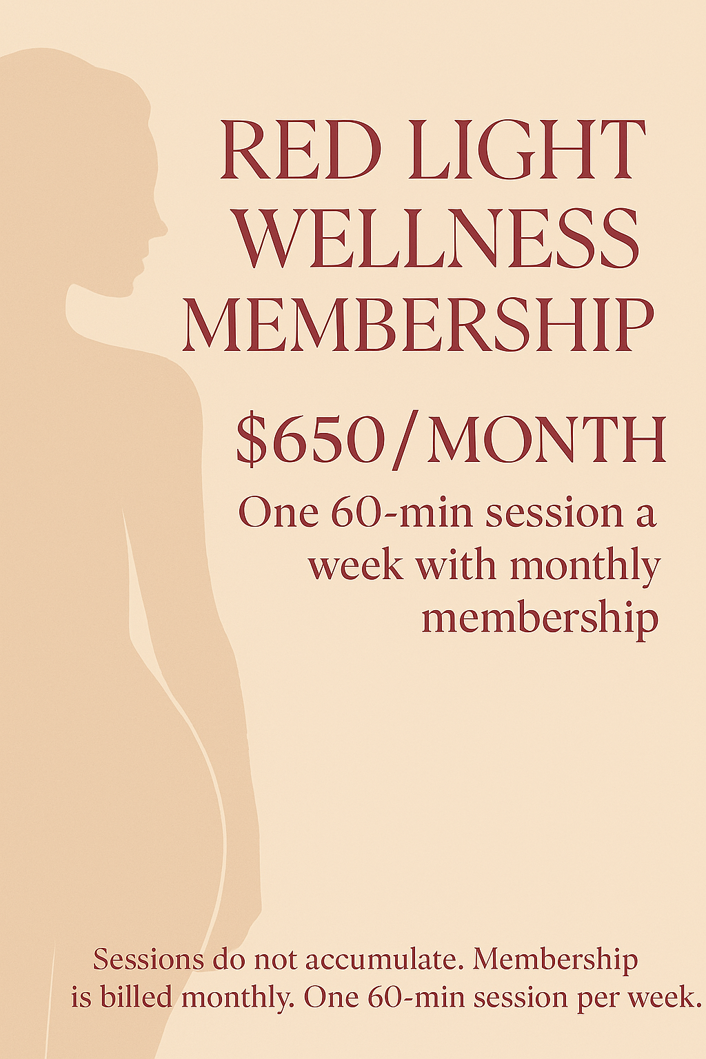Red Light Wellness Membership graphic highlighting monthly $650 plan including one 60-minute session per week with fine print.